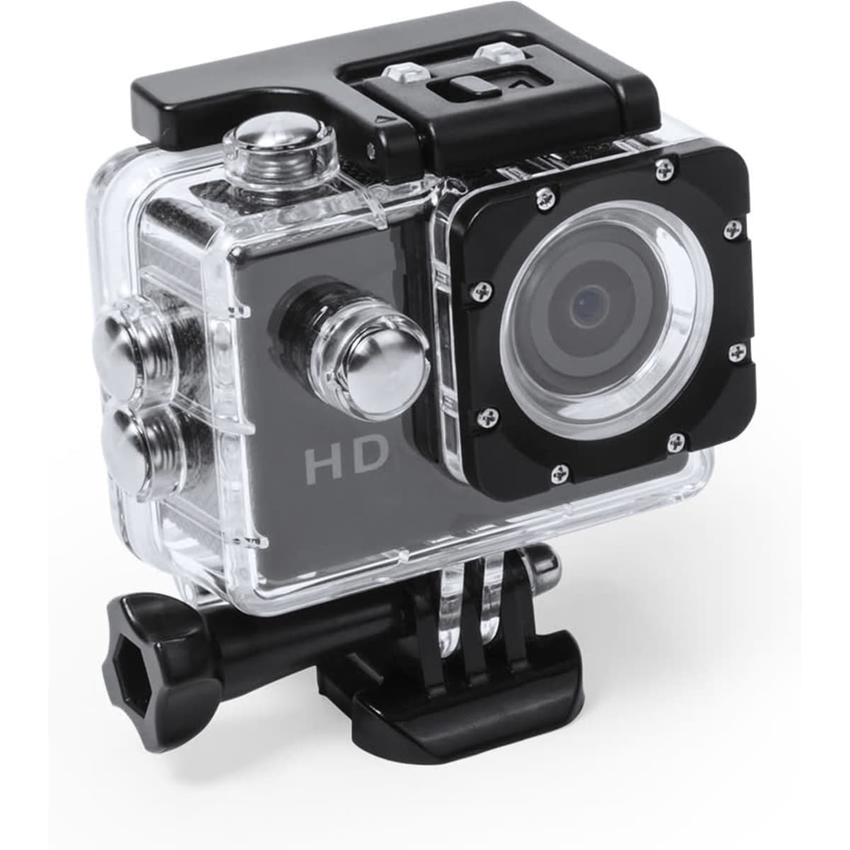 A compact black and silver HD action camera in a clear protective case, featuring multiple buttons and a mounting base.