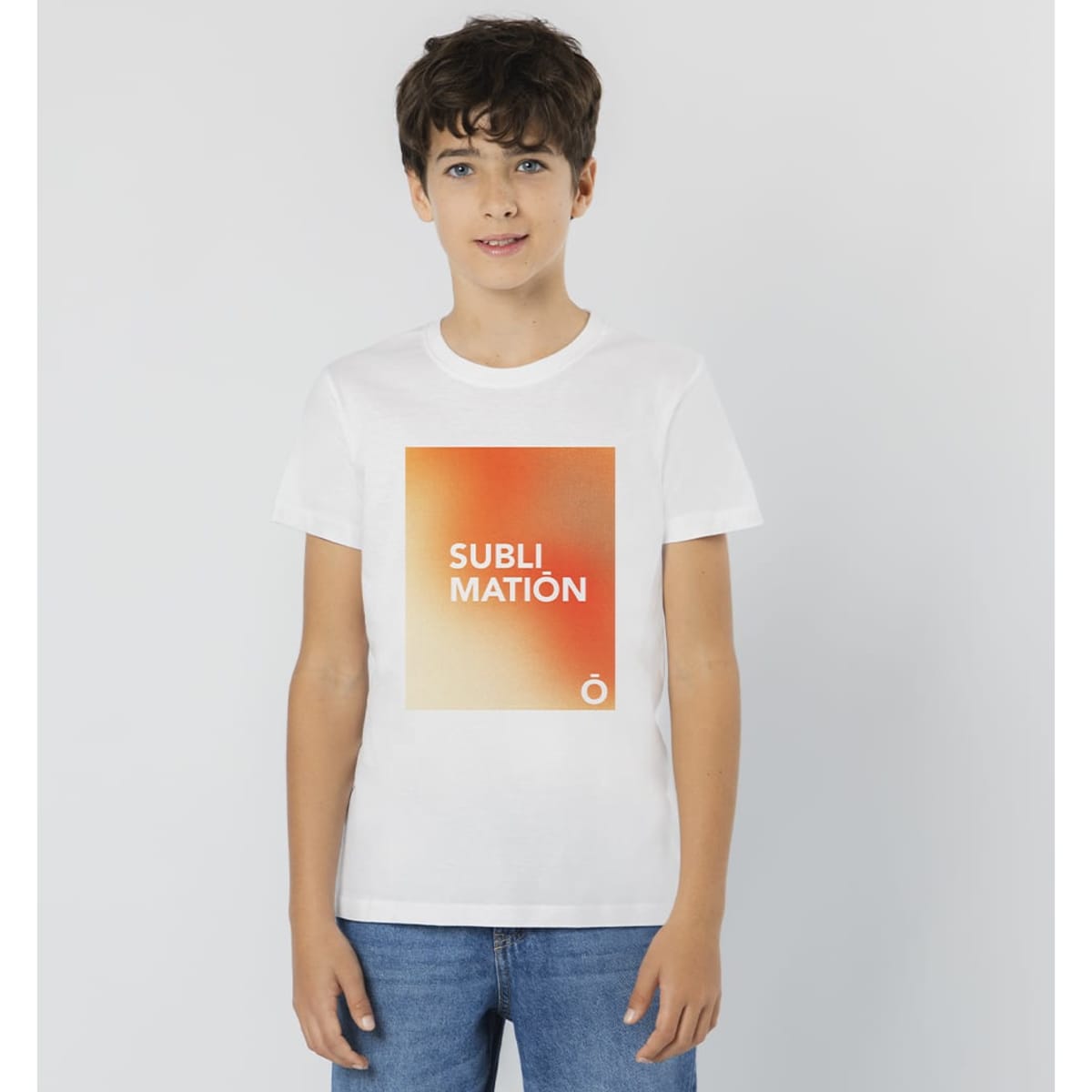 A white T-shirt featuring a gradient orange design and a logo. Suitable for casual wear.