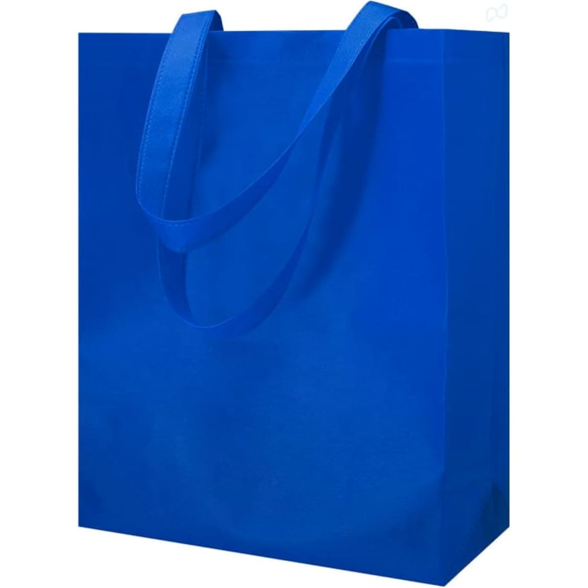 A blue reusable grocery bag with two handles and a simple design. It features a branding logo.