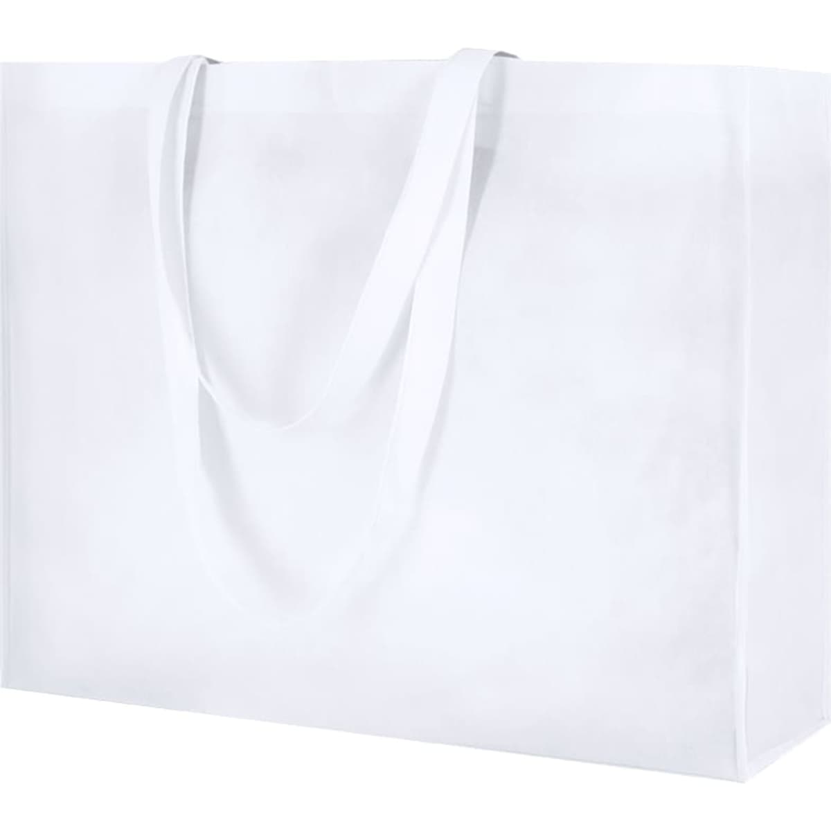 A large, plain white reusable grocery bag with sturdy handles and no visible branding.