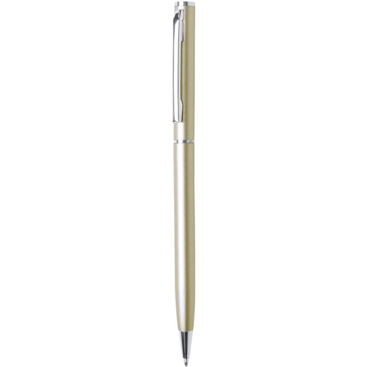 A metal pen in a metallic gold finish with a silver clip and detailing. Features branding on the body.