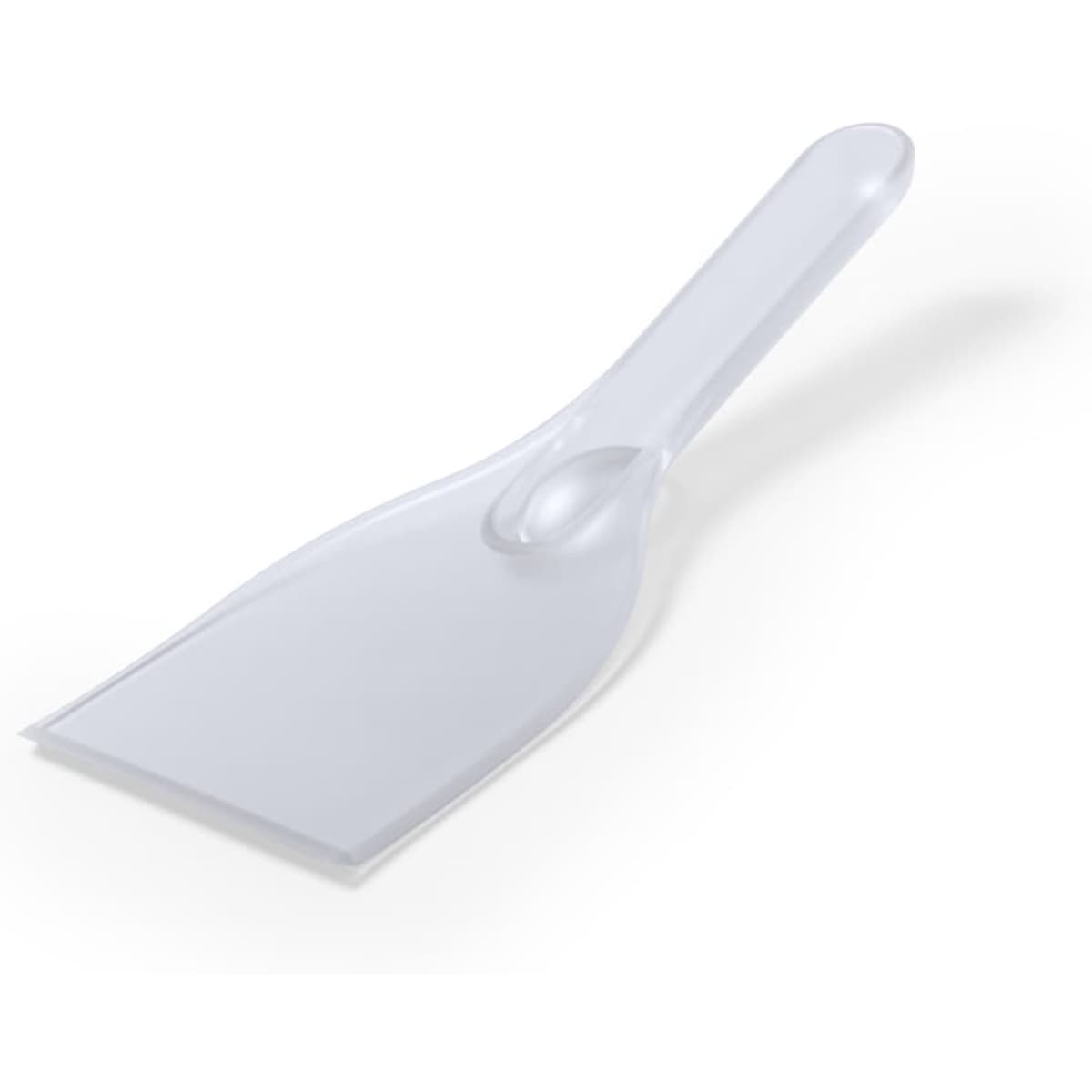 A transparent ice scraper with a flat scraping edge and a comfortable handle. It has a simple design.