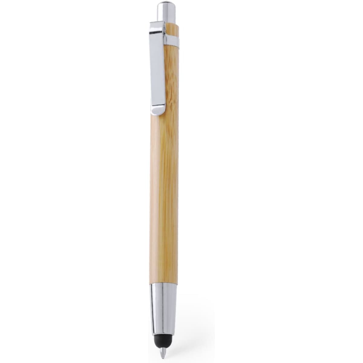 A bamboo ballpoint pen with a chrome clip and tip, featuring a sleek design and a branding logo.