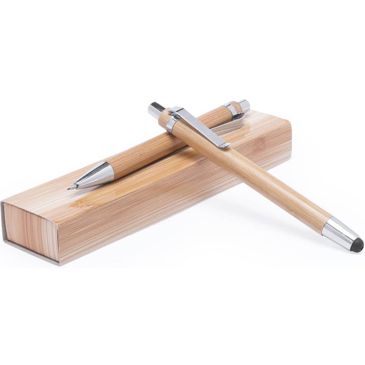 A bamboo pen set featuring a ballpoint pen and stylus, presented in a matching bamboo box with a logo.