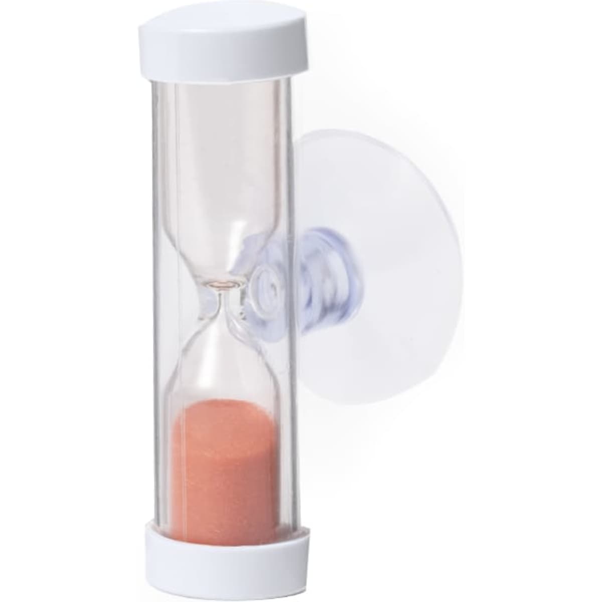 A transparent hourglass timer with a pink sand bulb, mounted on a suction cup. It has white end caps.