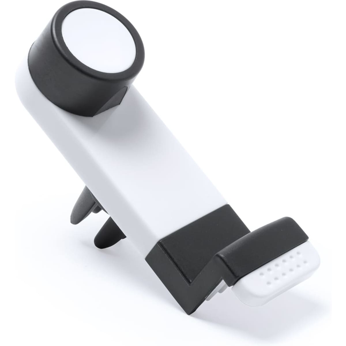 A car phone holder in black and white, featuring a circular base and a grip for securing devices.