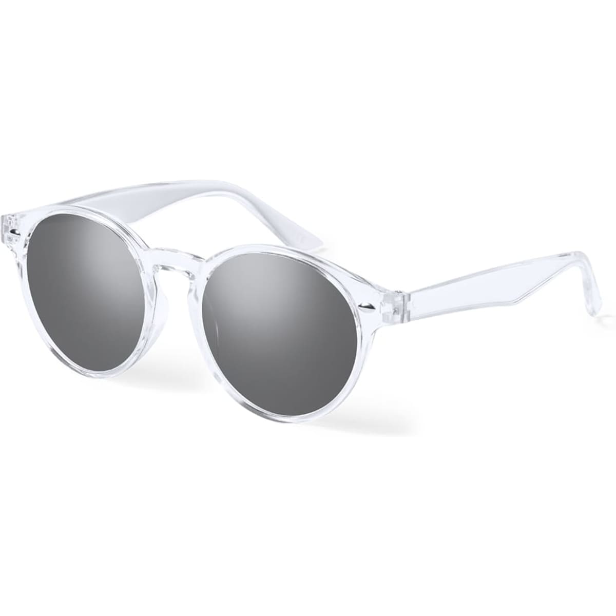 Clear-frame sunglasses with grey lenses, featuring a circular design and a logo on the arm.