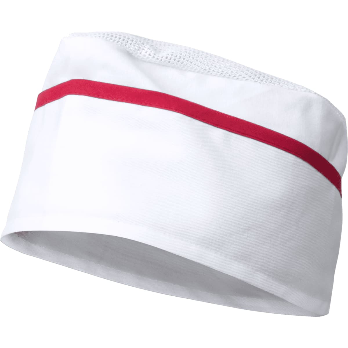 A white chef hat with a red stripe, featuring a mesh section for ventilation. It has a logo on one side.