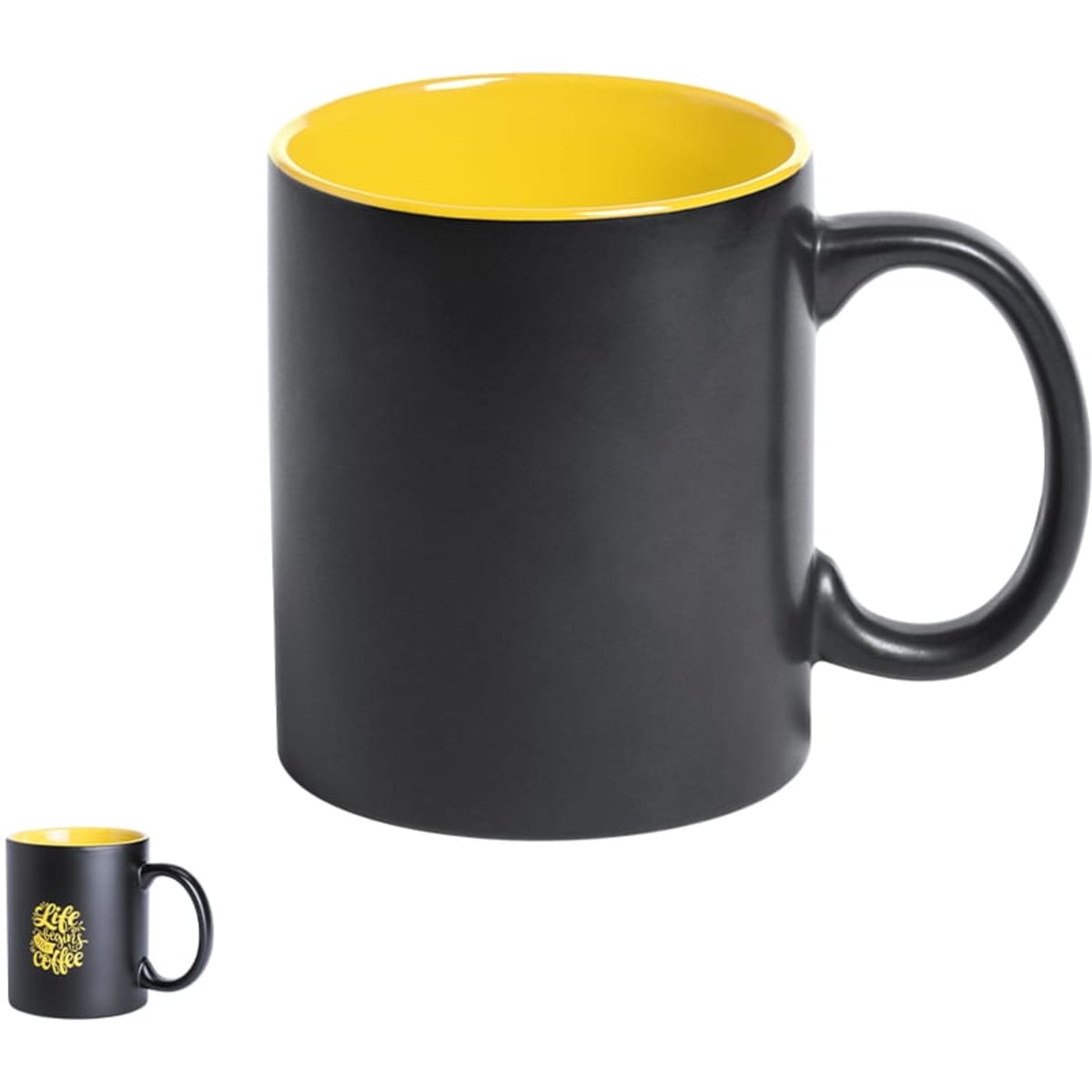 A coffee mug in black with a yellow interior, featuring a logo on the side.