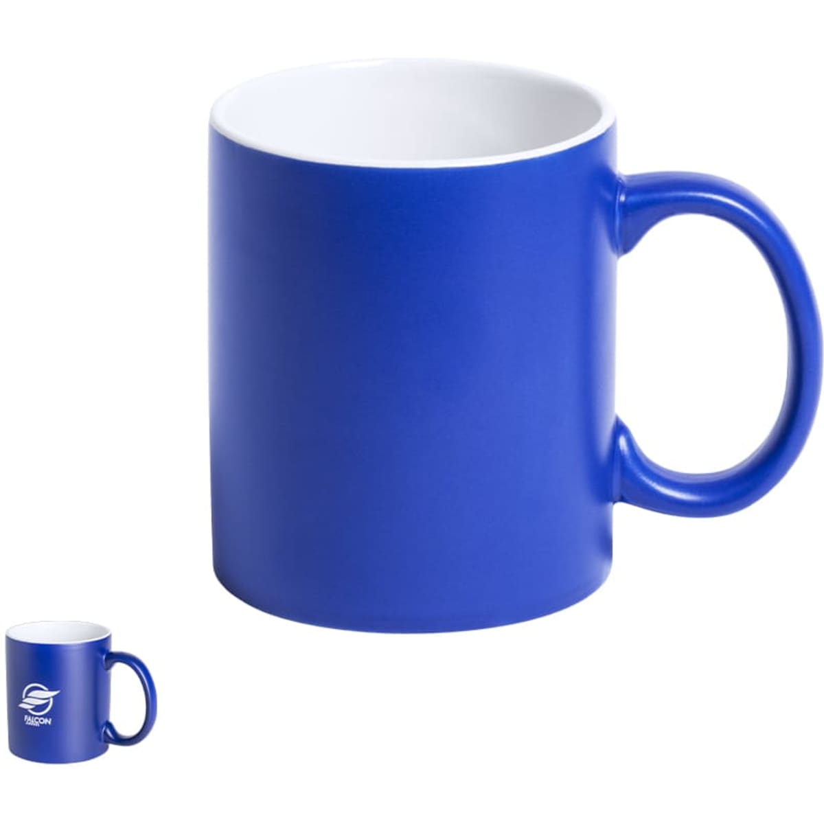 A blue coffee mug with a white interior and a handle, featuring a logo.