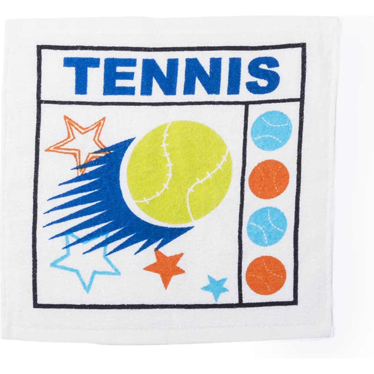 A white towel featuring a colourful tennis ball design, with stars and additional tennis ball graphics. It has a logo.