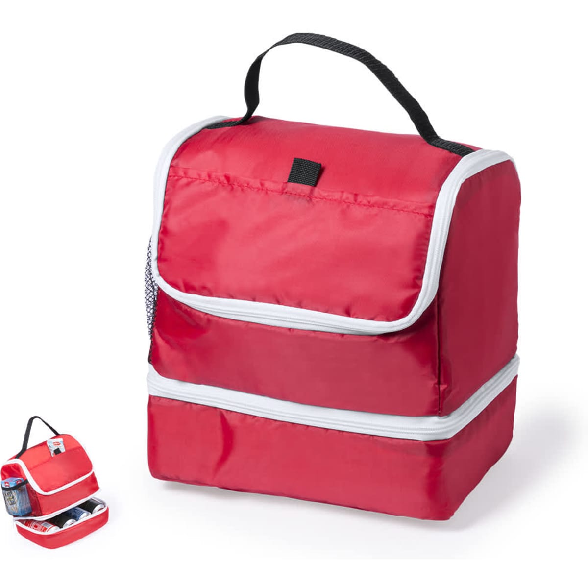 A red cooler bag with a handle and a zippered compartment, featuring a pocket and a contrasting white trim.