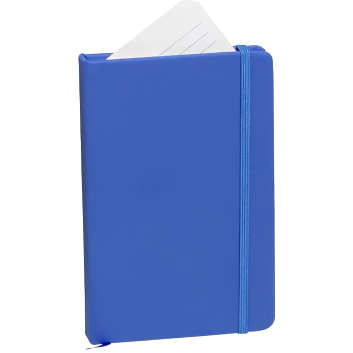 A blue notebook with a flexible cover and an elastic band closure, featuring lined pages peeking out from the top.
