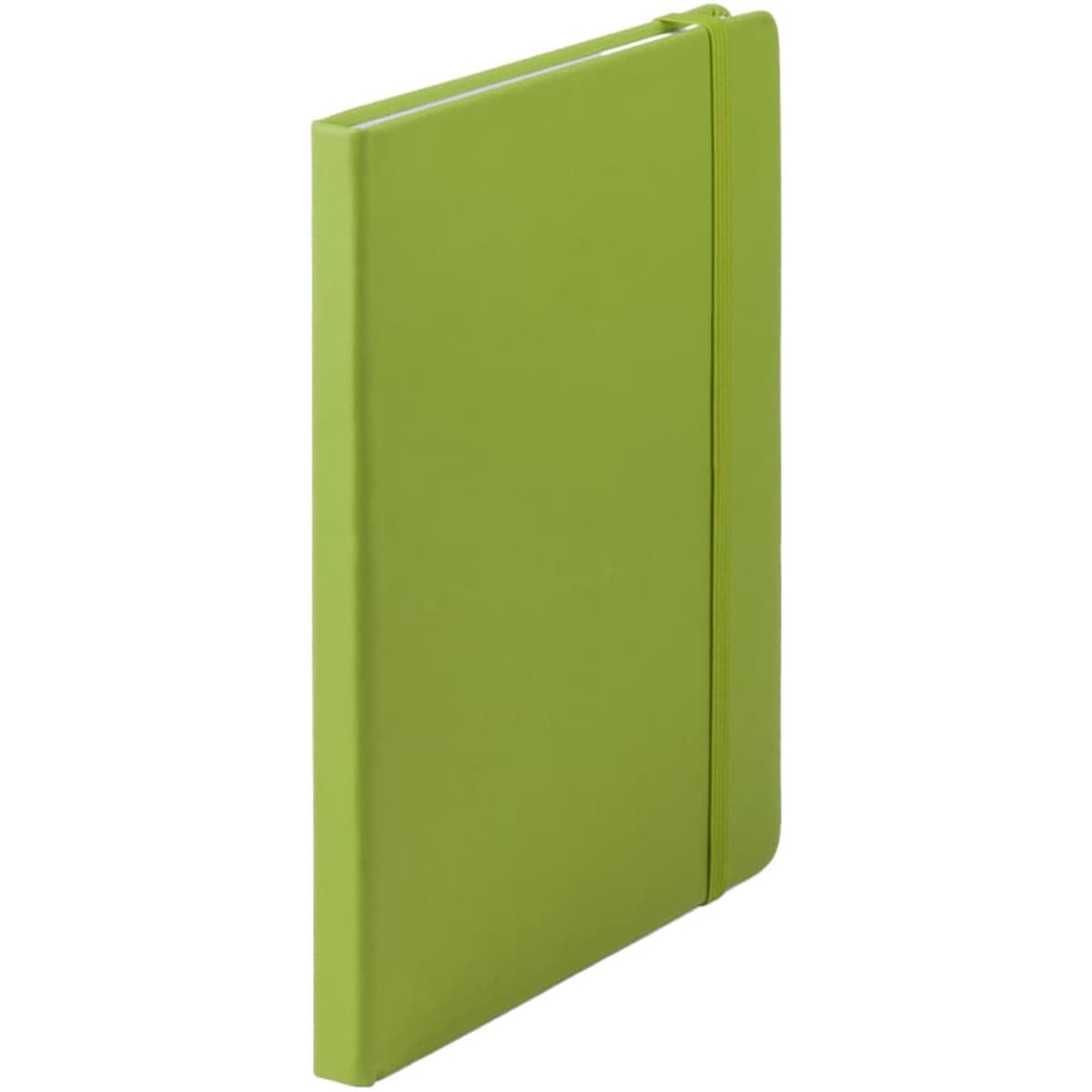 A green notebook with a smooth cover and an elastic band closure, featuring a simple design.
