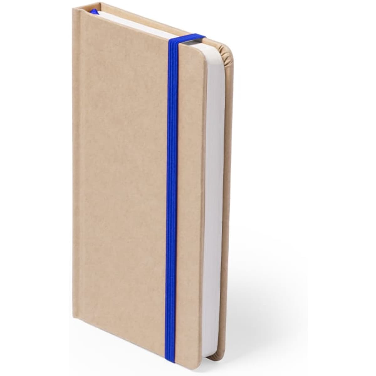 A brown notebook with a blue elastic band, featuring a smooth cover and white pages.