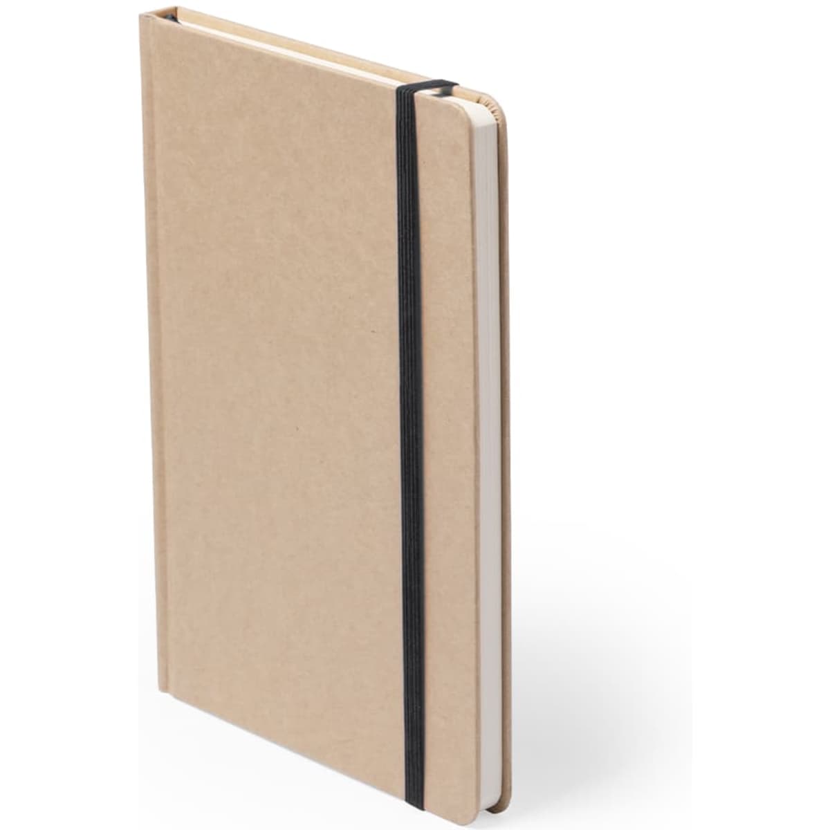 A kraft notebook with a black elastic band, featuring a simple and minimalist design.