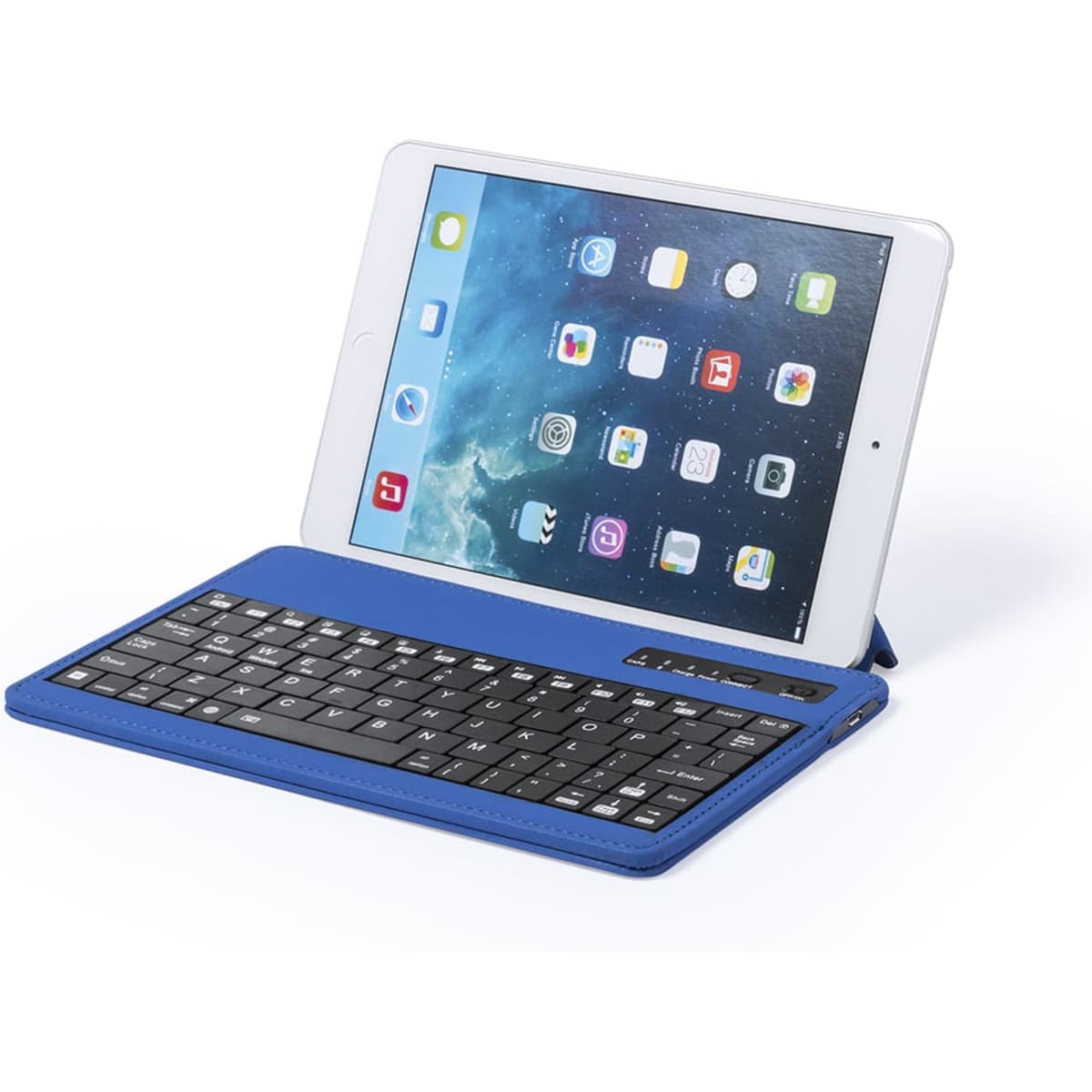 A blue Tyrell Keyboard Holder with a tablet displaying apps, featuring a built-in keyboard and sleek design.
