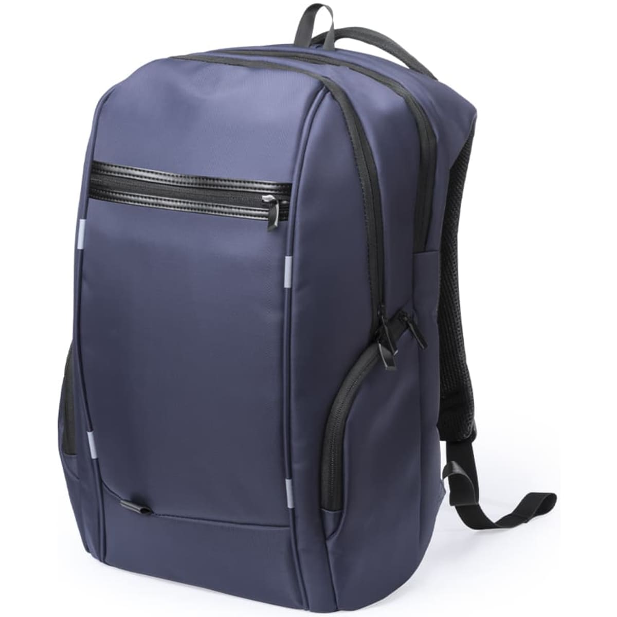A navy blue backpack featuring a zippered front pocket and mesh back for comfort. It has a logo on the side.