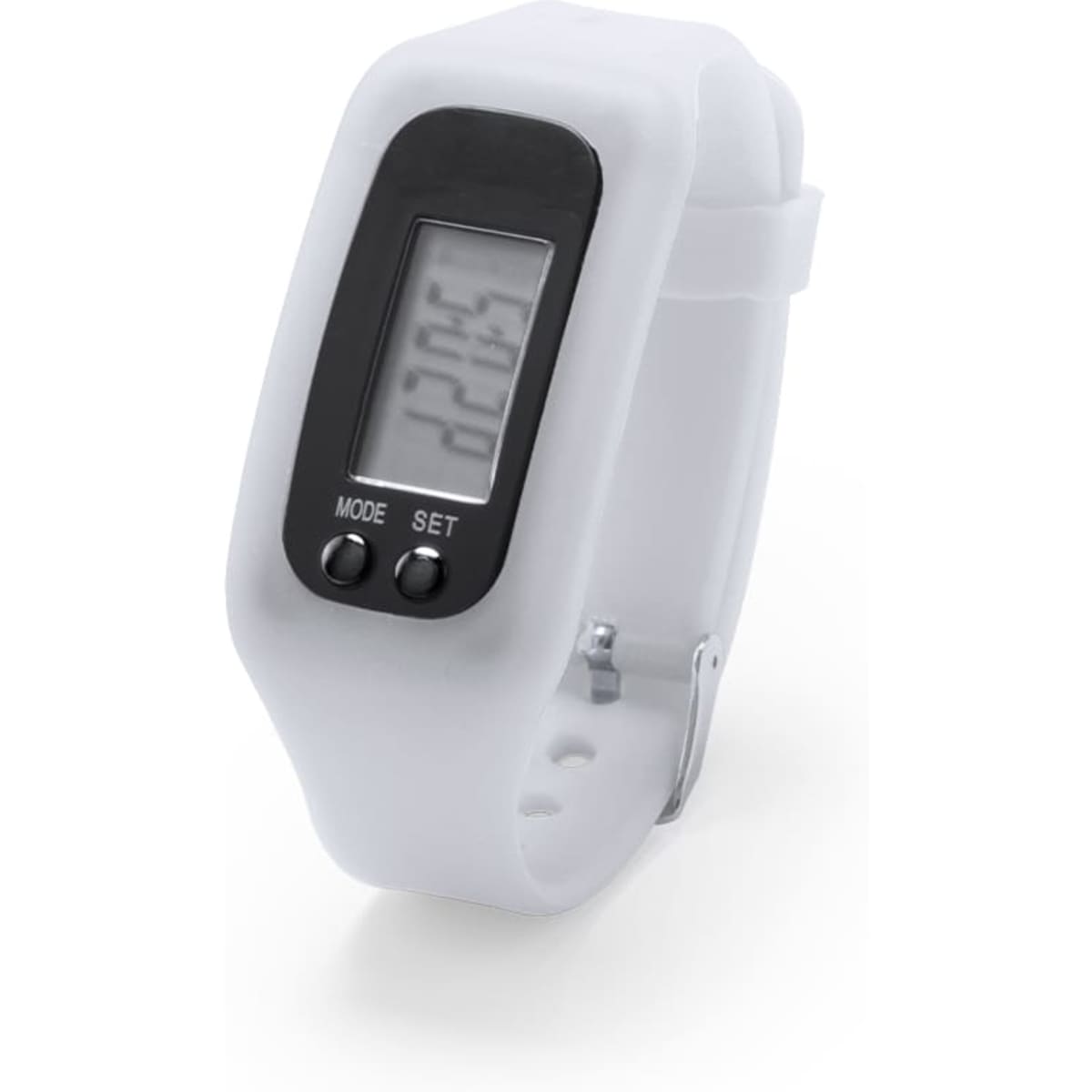 A digital watch with a white silicone strap and a black face, featuring two buttons and a display.