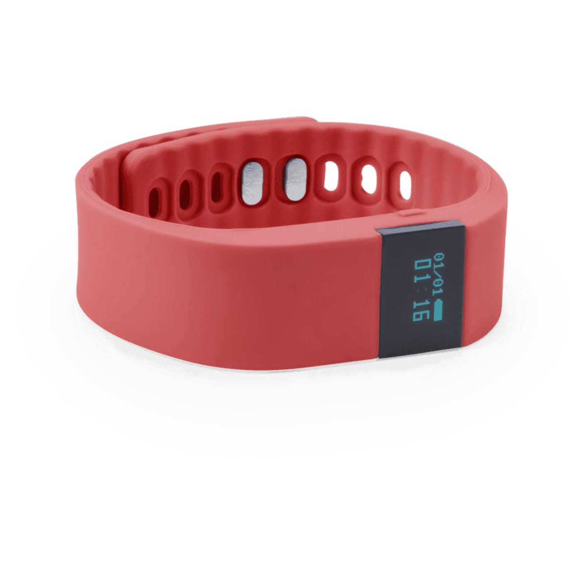 A red smart bracelet with a display and a textured band. It features a logo on the side.