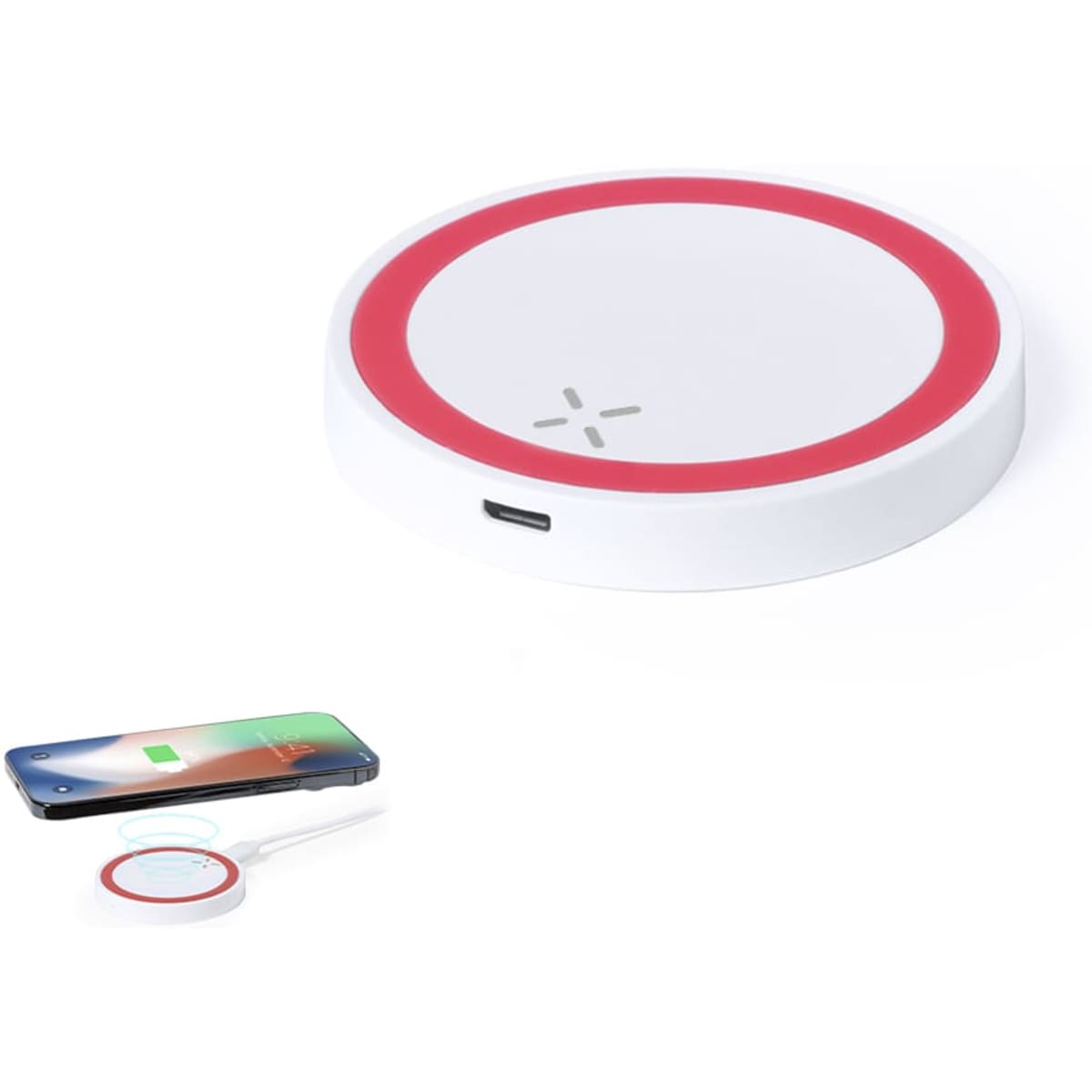A wireless charger in white and red, featuring a round design and a USB connection, alongside a charging phone.