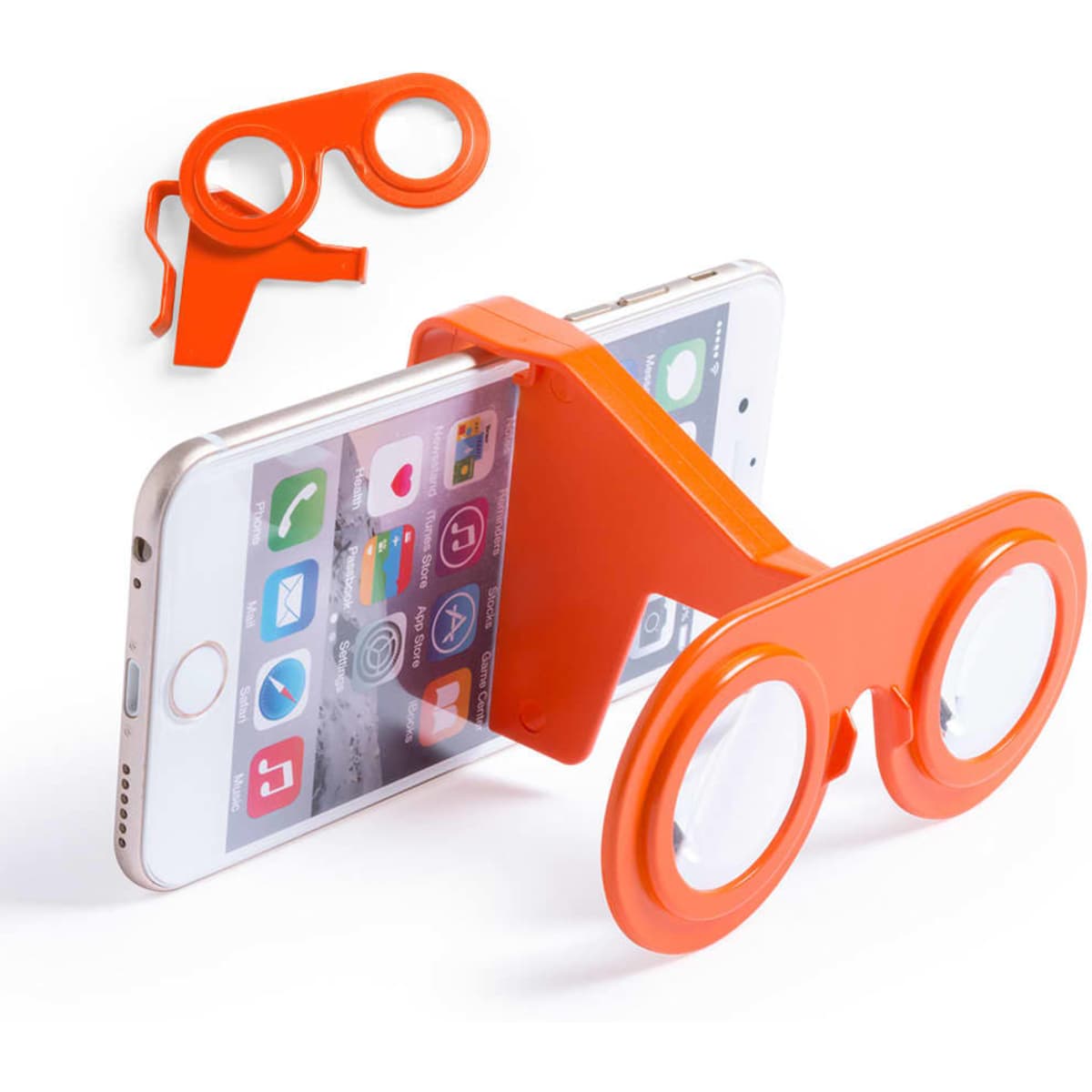 An orange virtual reality headset positioned over a smartphone, featuring large lenses and a simple design.