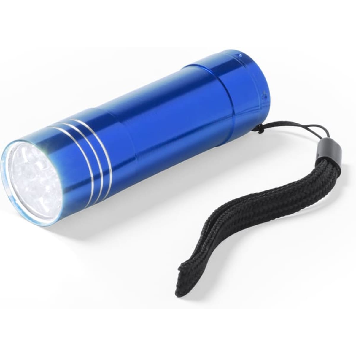 A blue torch with a textured grip and a lanyard, featuring a round LED light at one end.