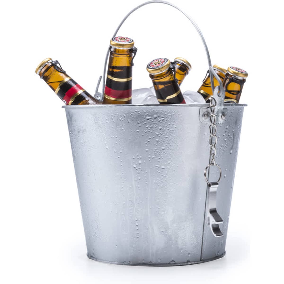 A metal ice bucket filled with ice and alcoholic drink bottles, featuring a handle and condensation on the surface.
