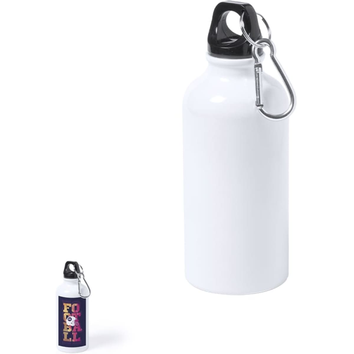 A drink bottle in white, featuring a black lid and a silver carabiner. Includes a smaller, colourful bottle beside it.
