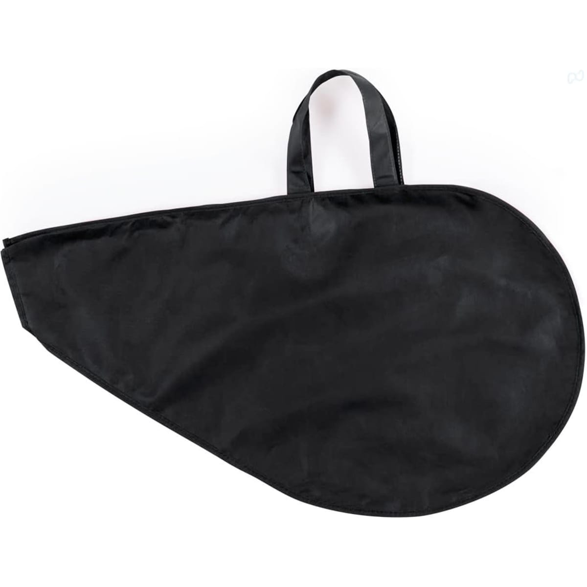 A black bag with a handle, featuring a curved shape designed for carrying items.