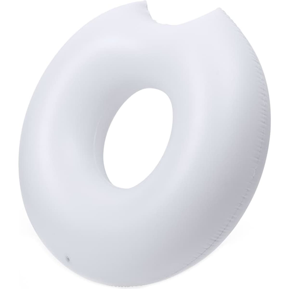 A white inflatable donut-shaped pool float with a central hole. It features a logo on the surface.
