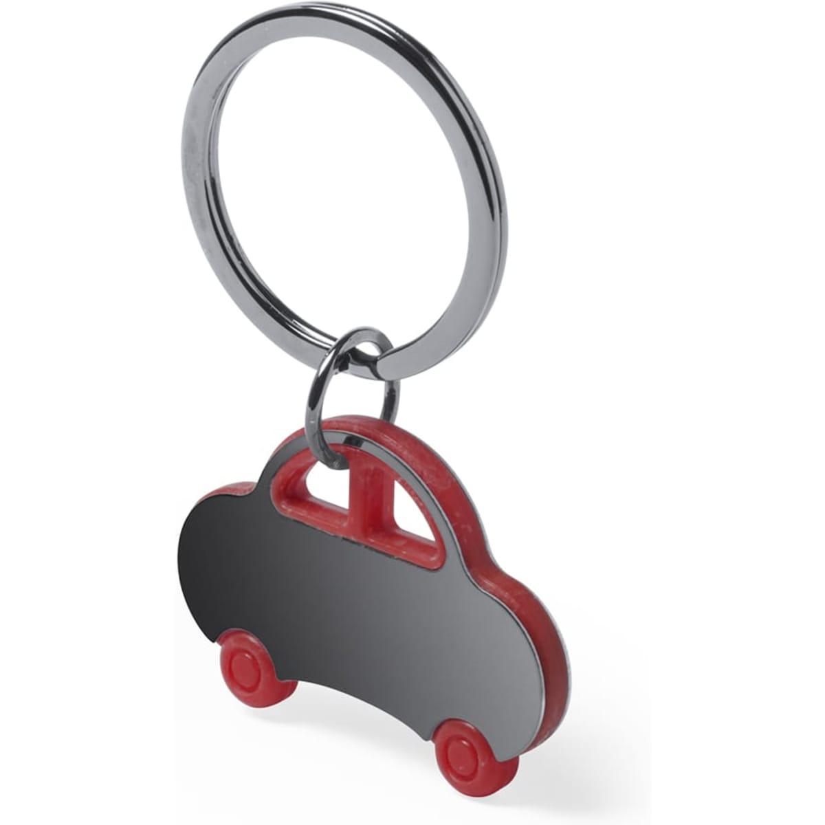 A red and silver car-shaped keyring with a metallic finish and a circular keyring attachment.