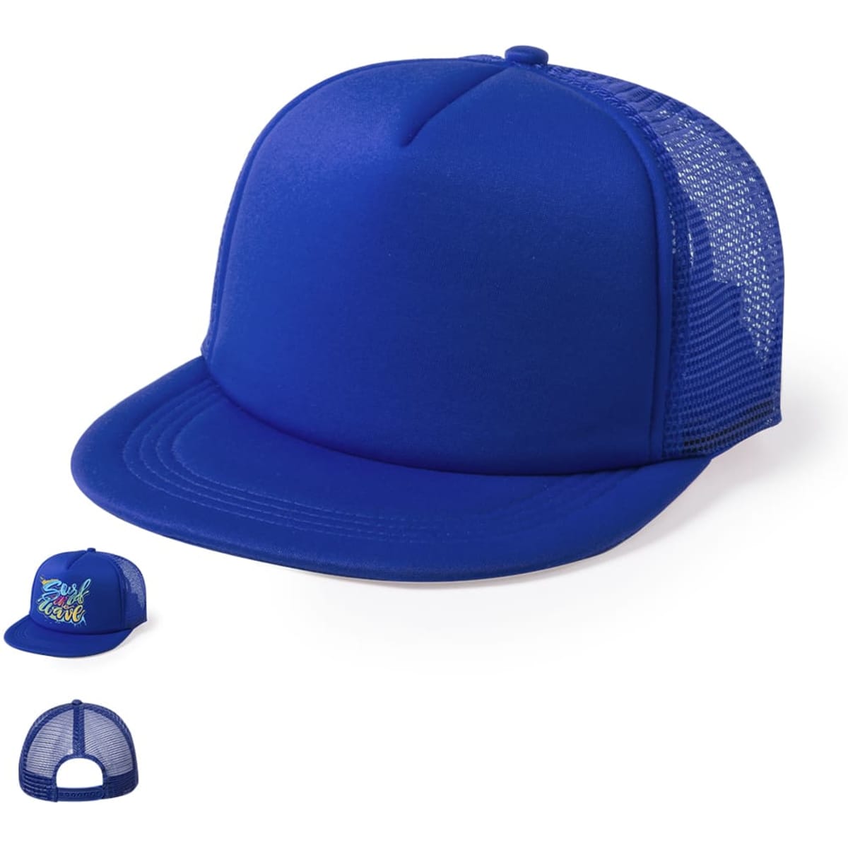 A blue cap with a solid front and mesh back, featuring a logo on the front.