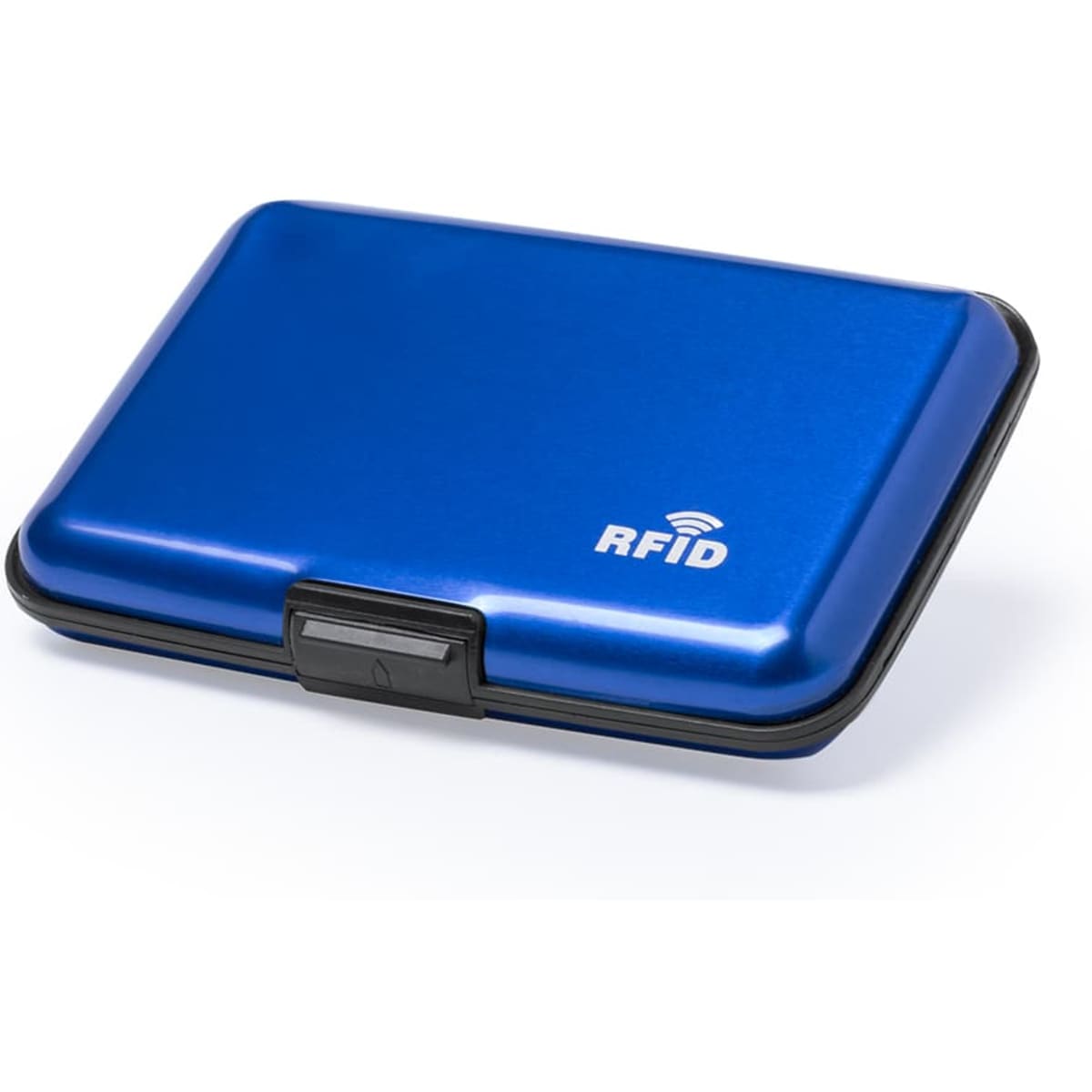 A blue RFID wallet with a sleek metal finish and a secure clasp. It features an integrated logo.