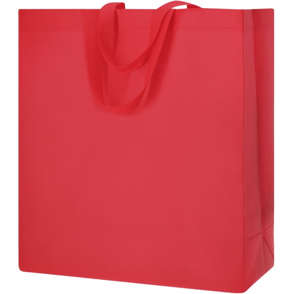 A red promotional bag with sturdy handles and a square shape, featuring a logo on the front.