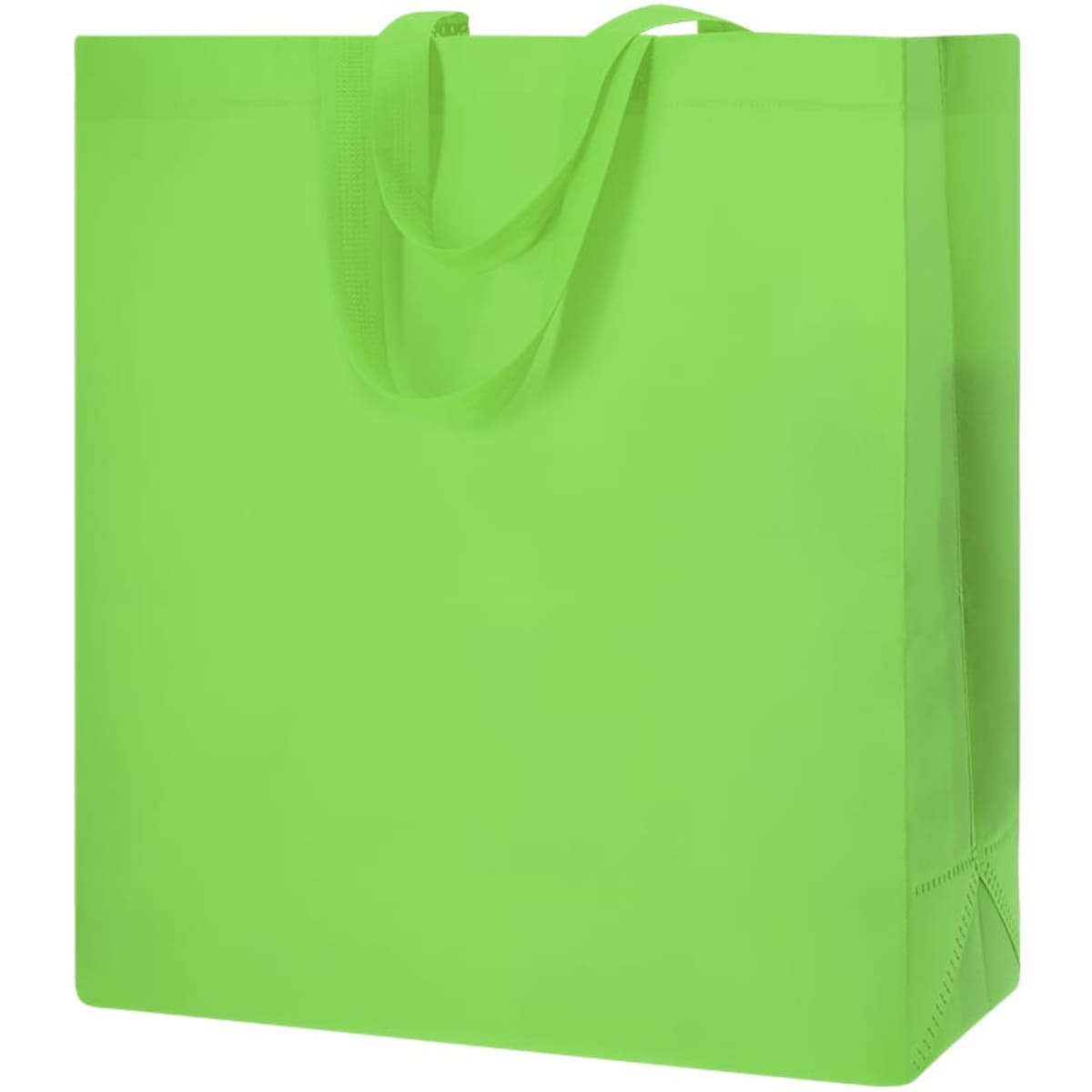 A reusable grocery bag in bright green with two sturdy handles and a simple design. It features a logo.