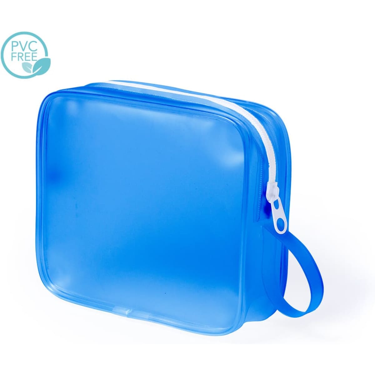 A blue, transparent toiletry bag with a zip closure and a handle. Features a logo indicating it's PVC free.