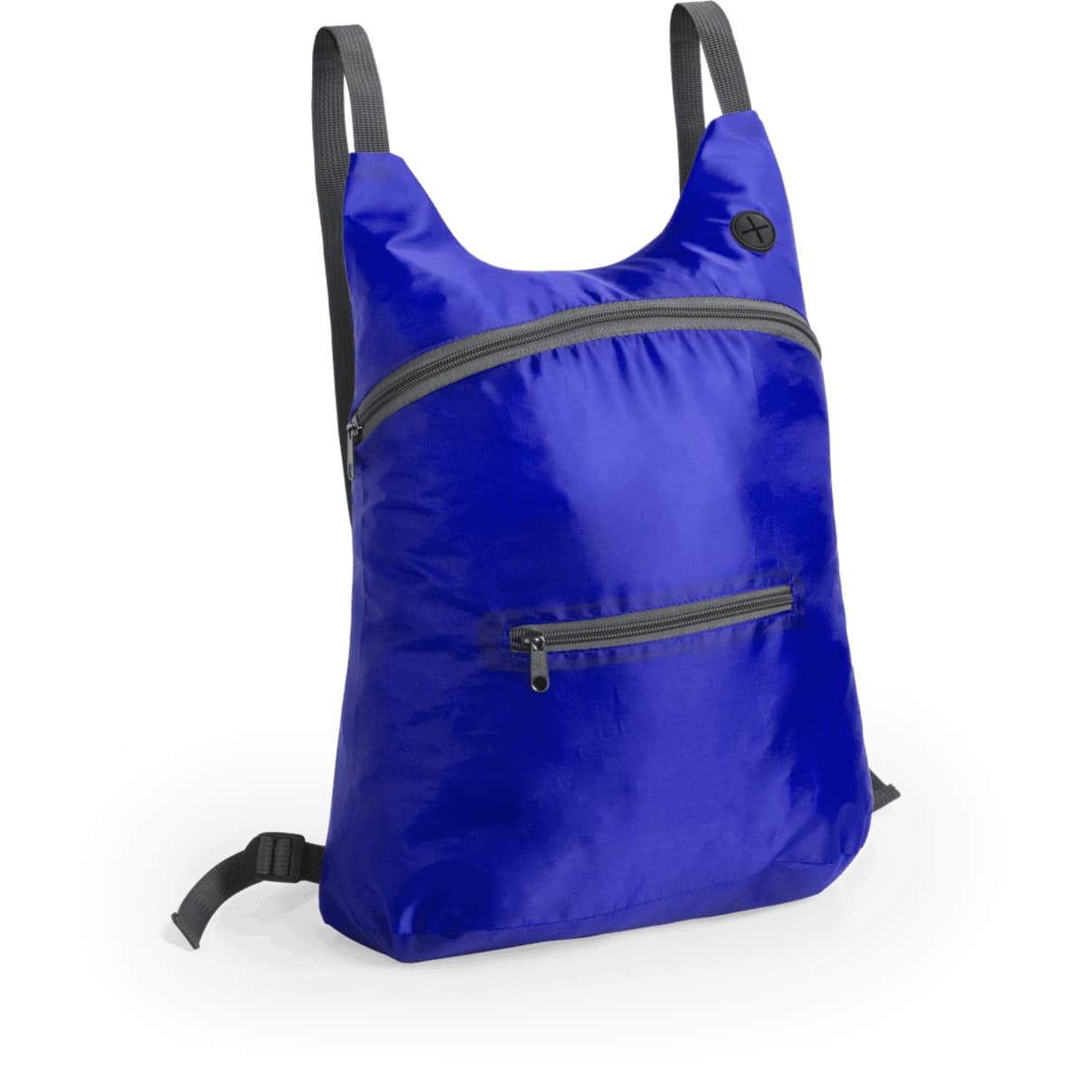 A foldable backpack in bright blue with a zippered front pocket and adjustable straps. It features a logo on the side.