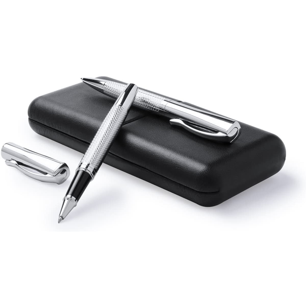 A black gift box containing two silver metal pens, one capped and one with a nib exposed.
