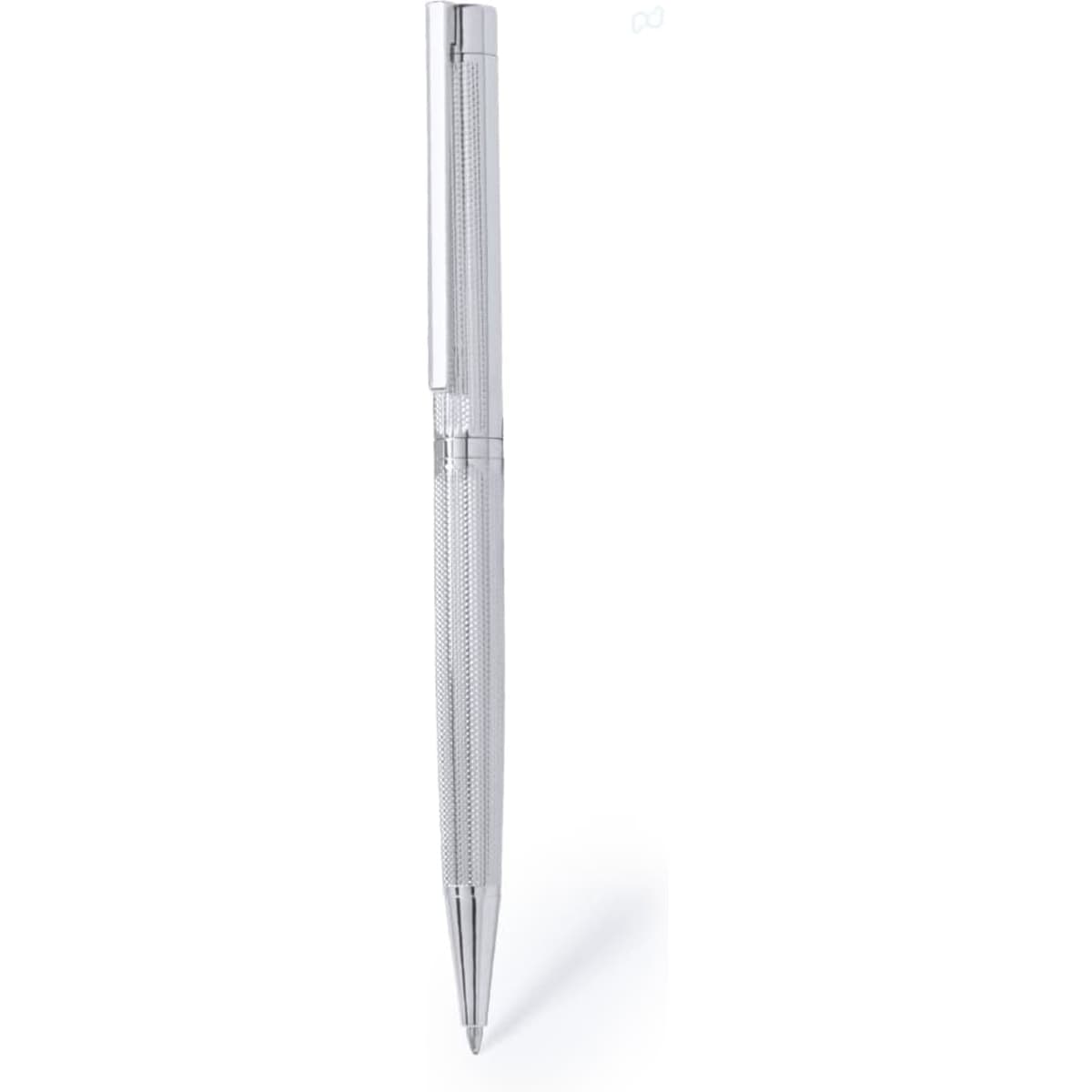 A silver metal pen with a textured design, featuring a clip and a streamlined shape.