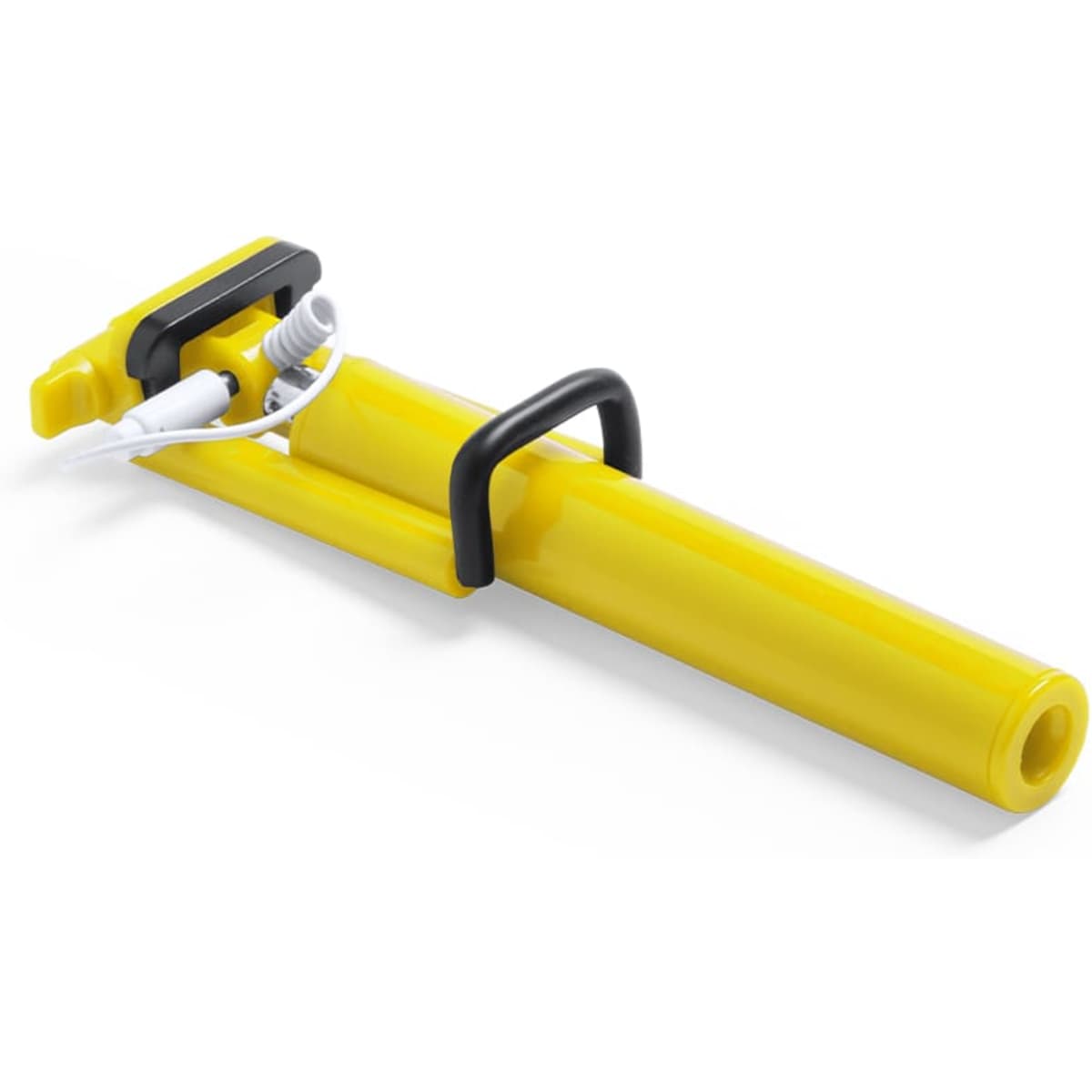 A yellow promotional product with a black handle and a built-in cord, suitable for phone and technology accessories.