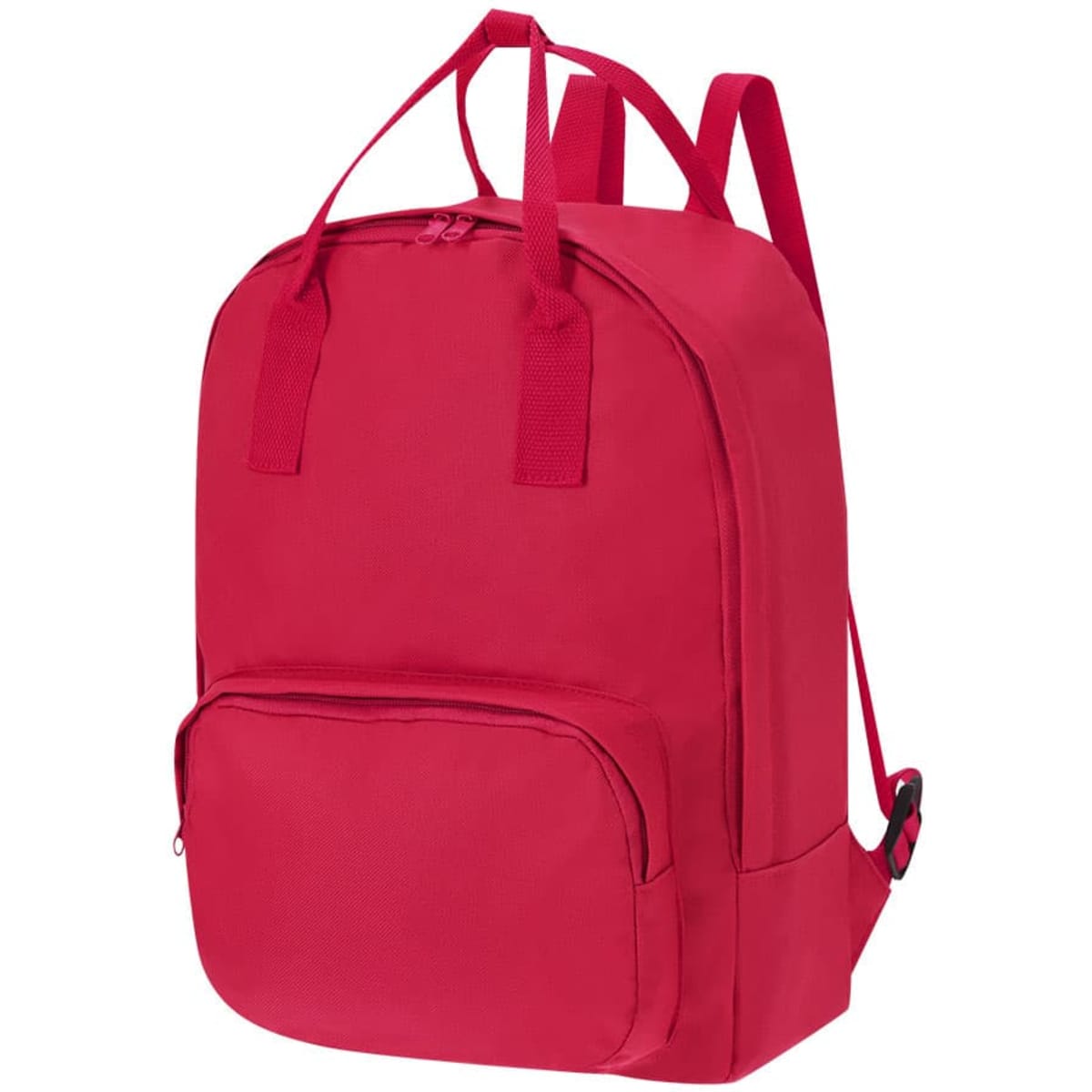 A pink Soken Backpack with a main compartment and a front zip pocket, featuring adjustable straps and a logo.