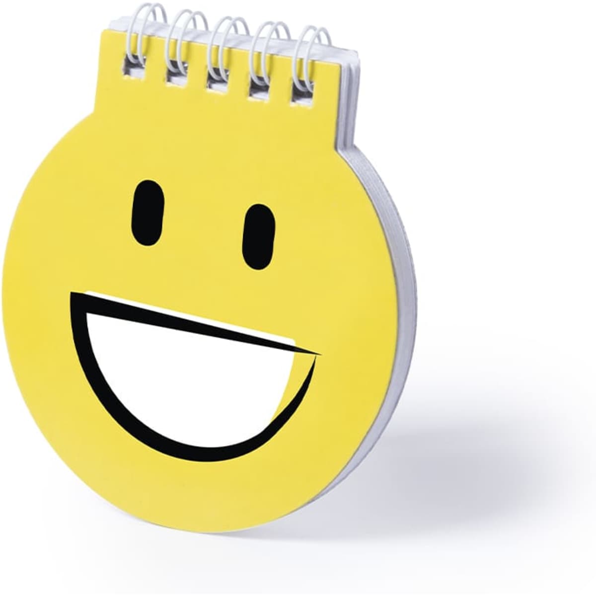 A round, yellow notepad with a smiling face design and a spiral binding on top.