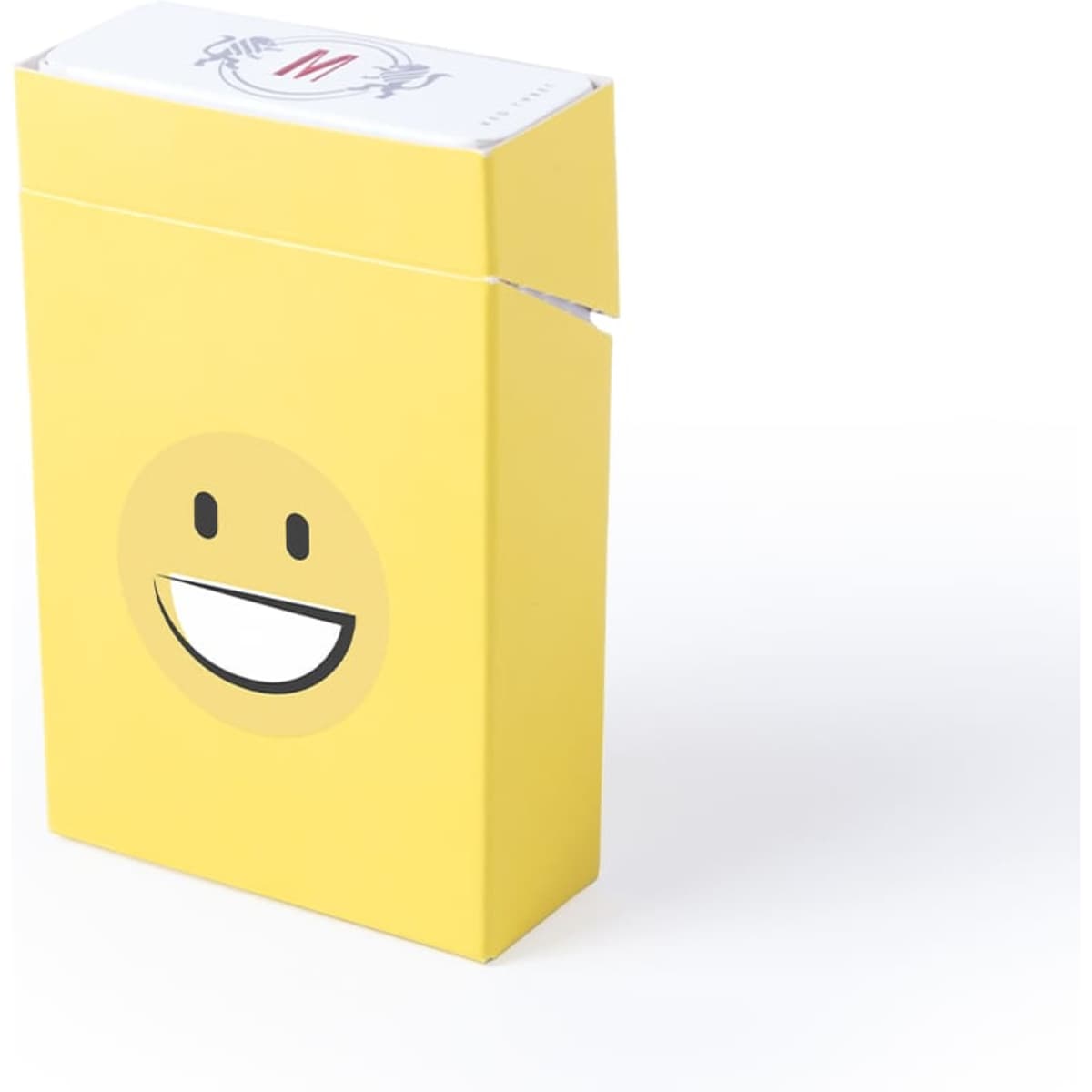 A yellow box with a smiling face design, partially opened, containing a promotional item.
