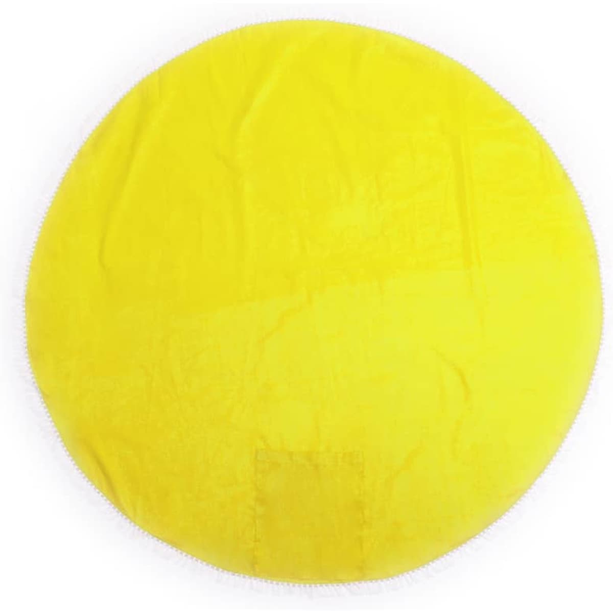 A round picnic rug in vibrant yellow, featuring a smooth surface and stitched edges. It has a logo branding.