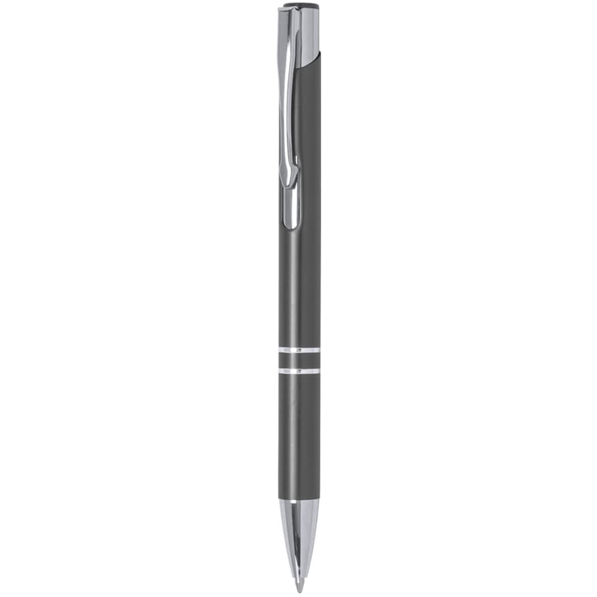A metal pen in dark grey with silver accents and a sleek design, featuring a branding logo.