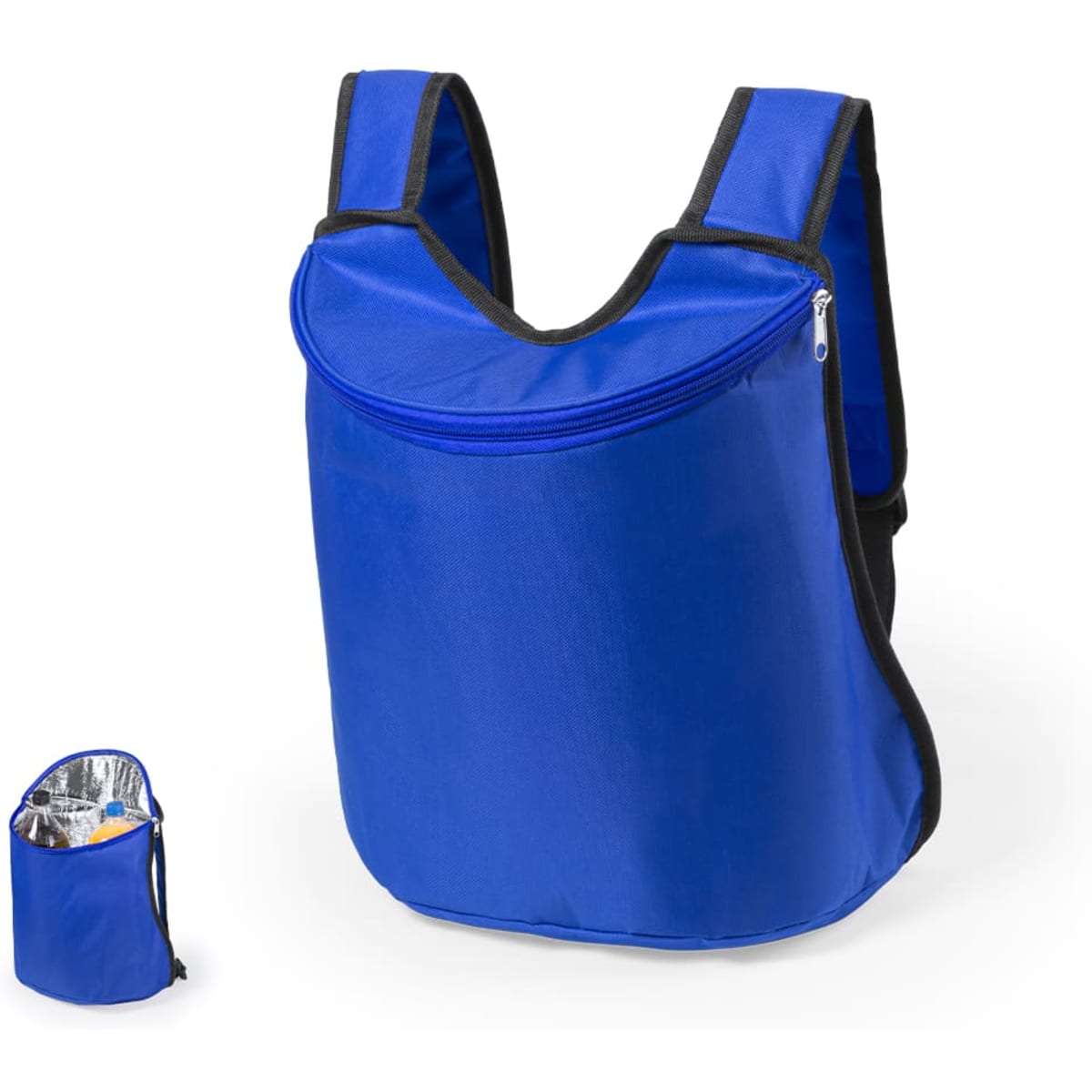 A blue Polys Backpack with a zippered front pocket and adjustable straps, featuring a logo. Ideal for carrying items.