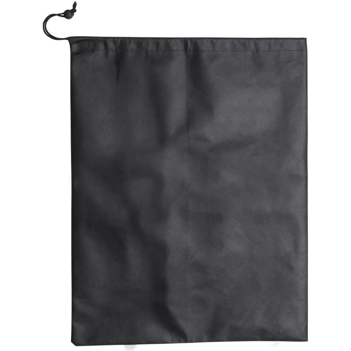 A black drawstring bag with a cinched top and a simple design. It features a logo on the surface.