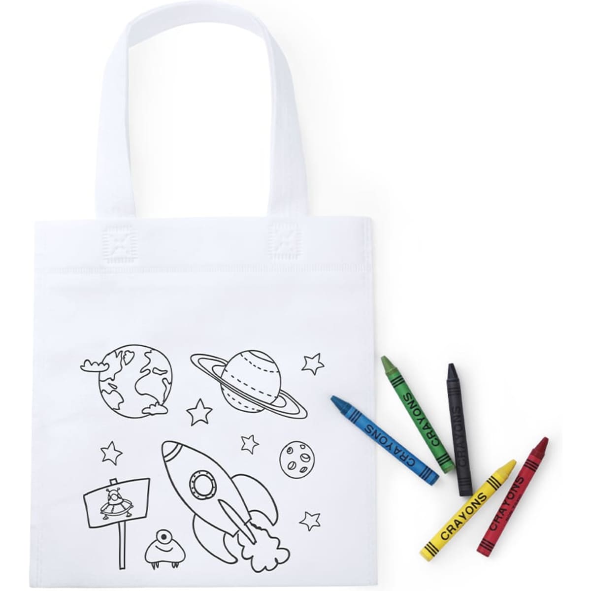 A white tote bag with a space-themed colouring design, accompanied by a set of colourful crayons.