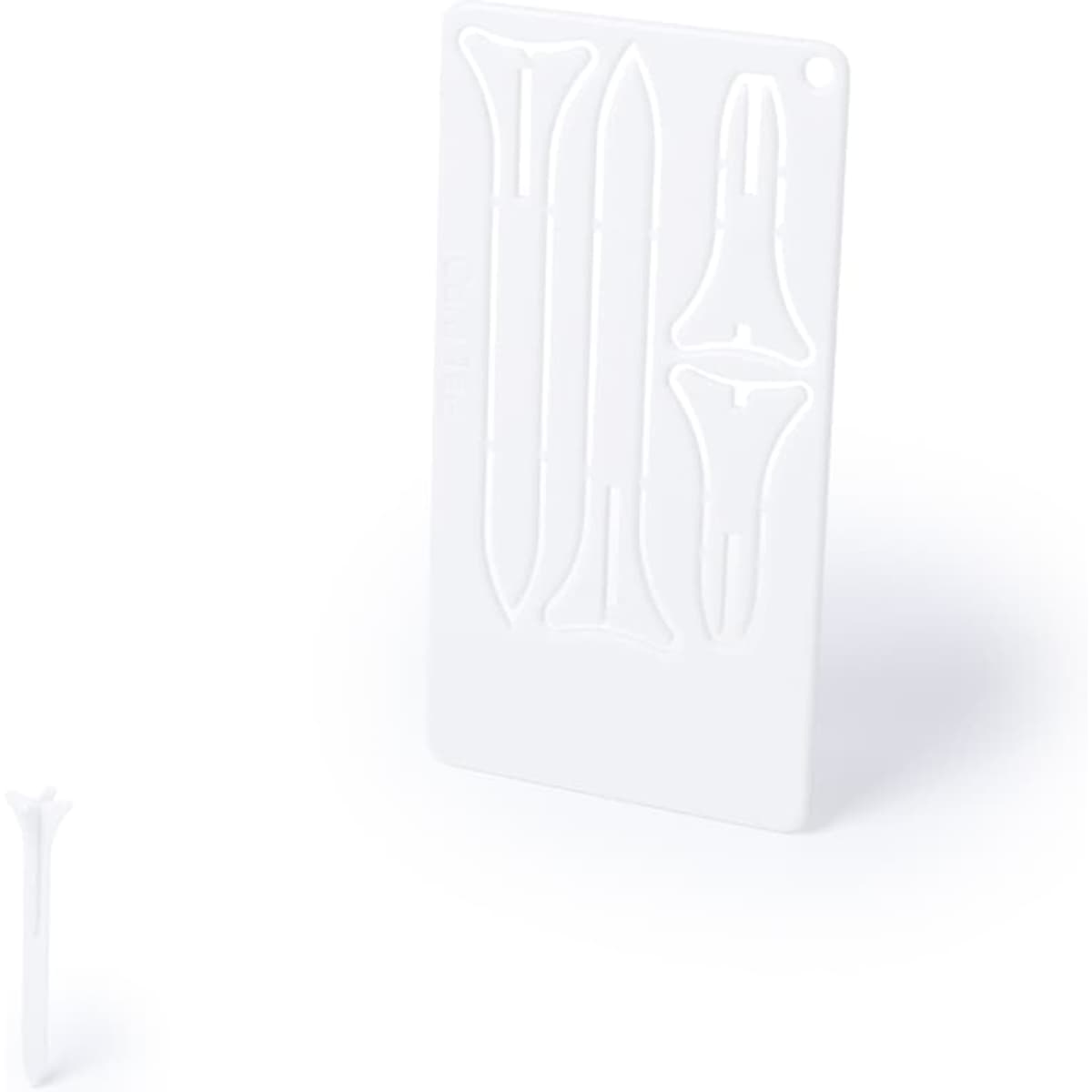 A white golf tee set including various tee shapes, presented in a card-like holder with a logo.